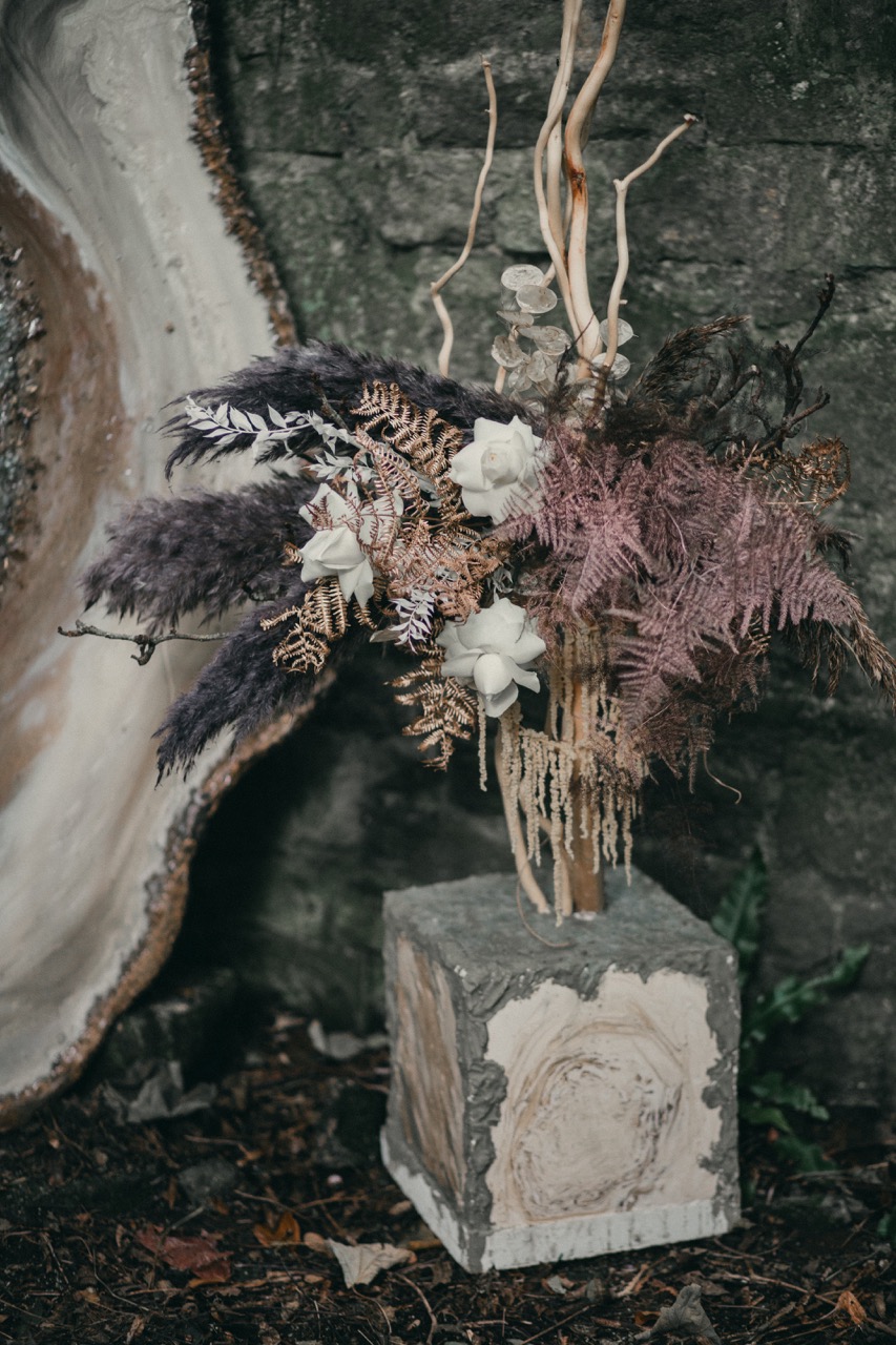 dried flowers with pinks purples and white, for ethereal wedding shoot