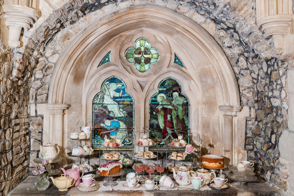 whimsical afternoon tea at wedding in ancient chapel