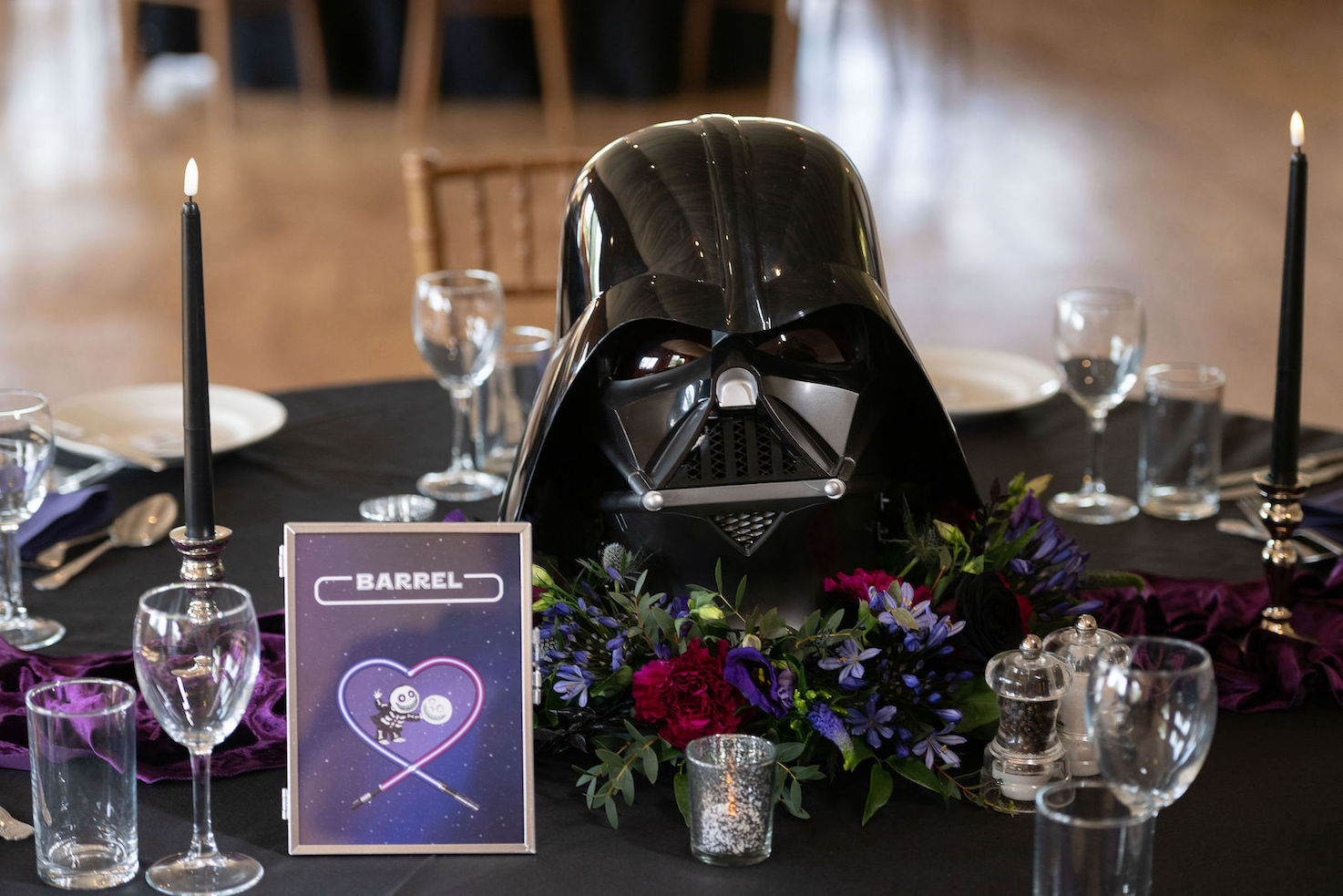 Darth Vader helmet table centre at Star wars themed wedding