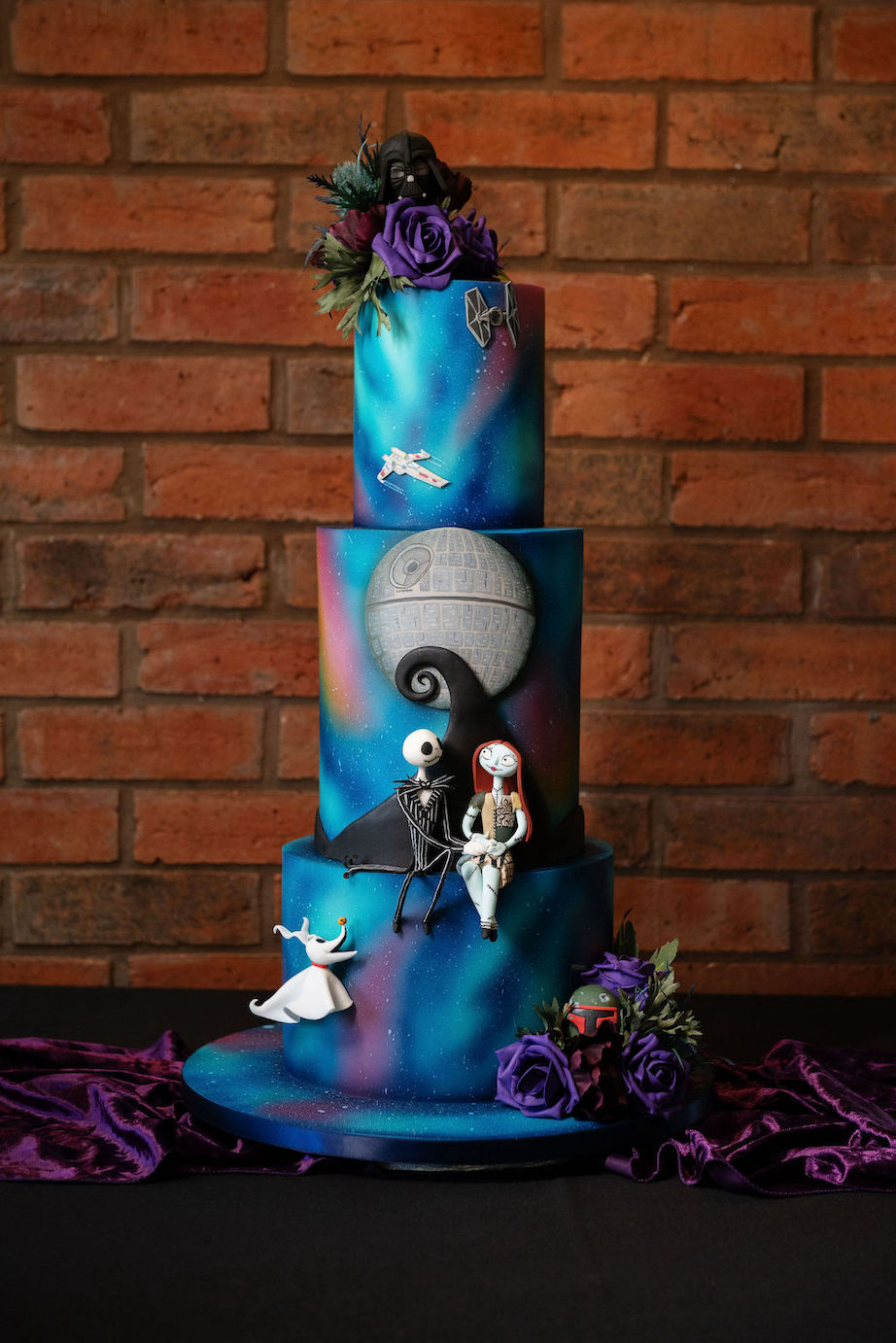 A galactic Star Wars and Nightmare before Christmas inspired wedding cake