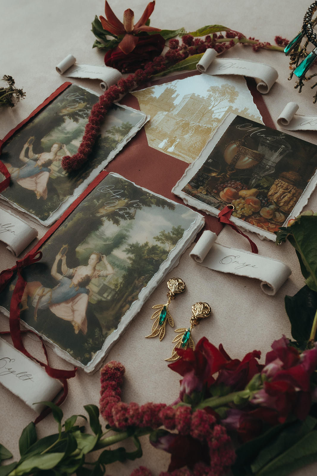 castle wedding stationery suit including scroll place names, fold out menu and vow books