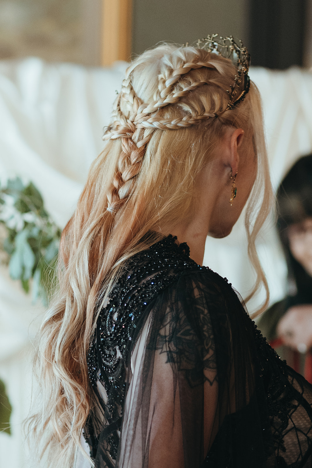 detail photo of alternative bride's viking braid hair style for fantasy inspired castle wedding