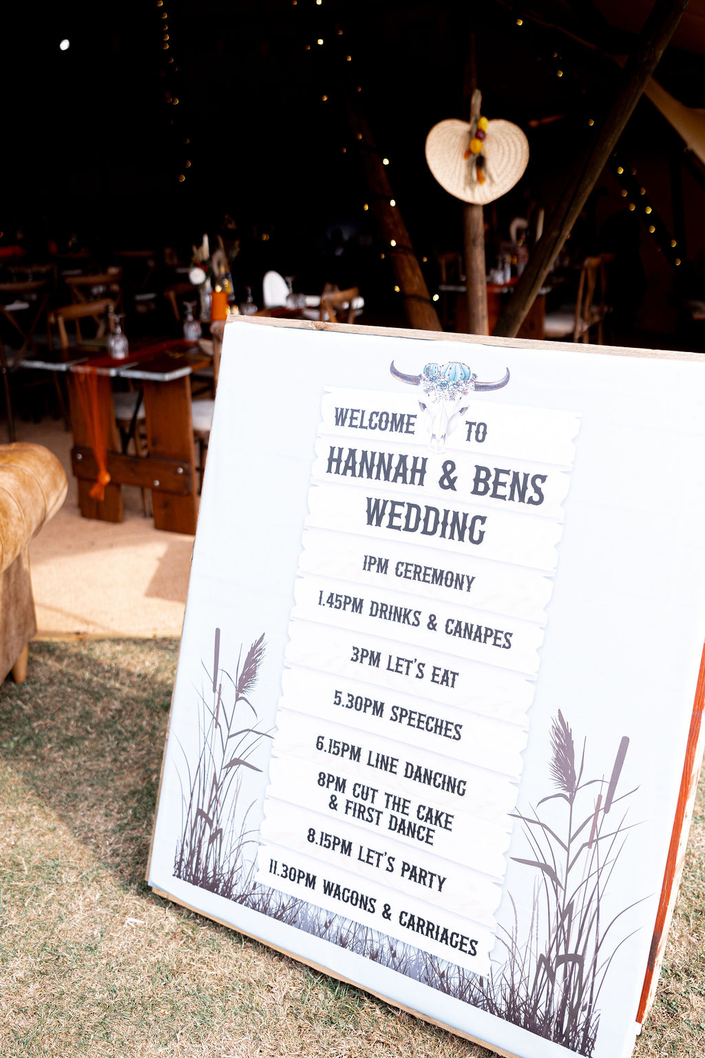 detail shot of wedding timeline sigh for western outdoor wedding