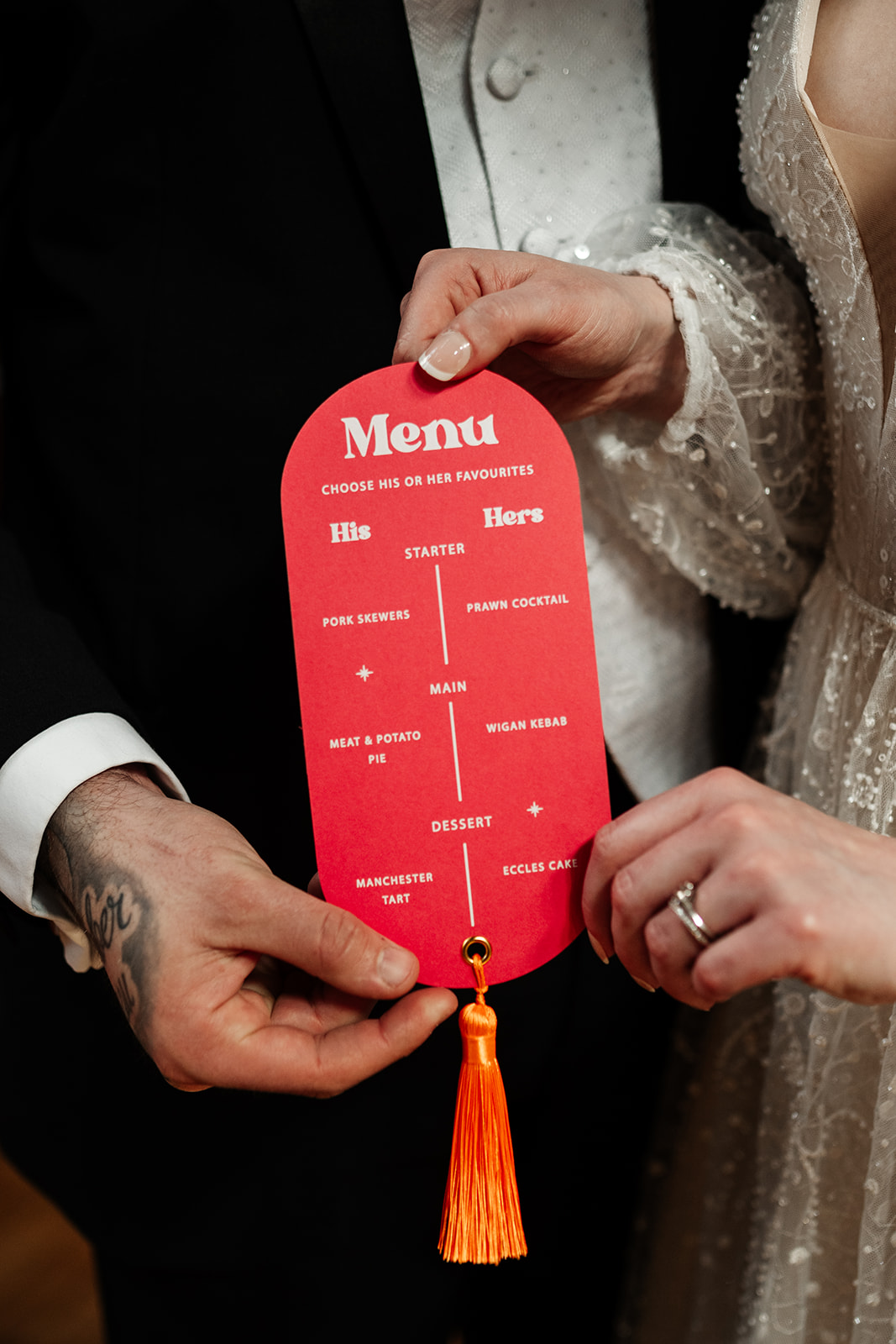 detail shot of wedding breakfast menu with northern pies and kebabs listed