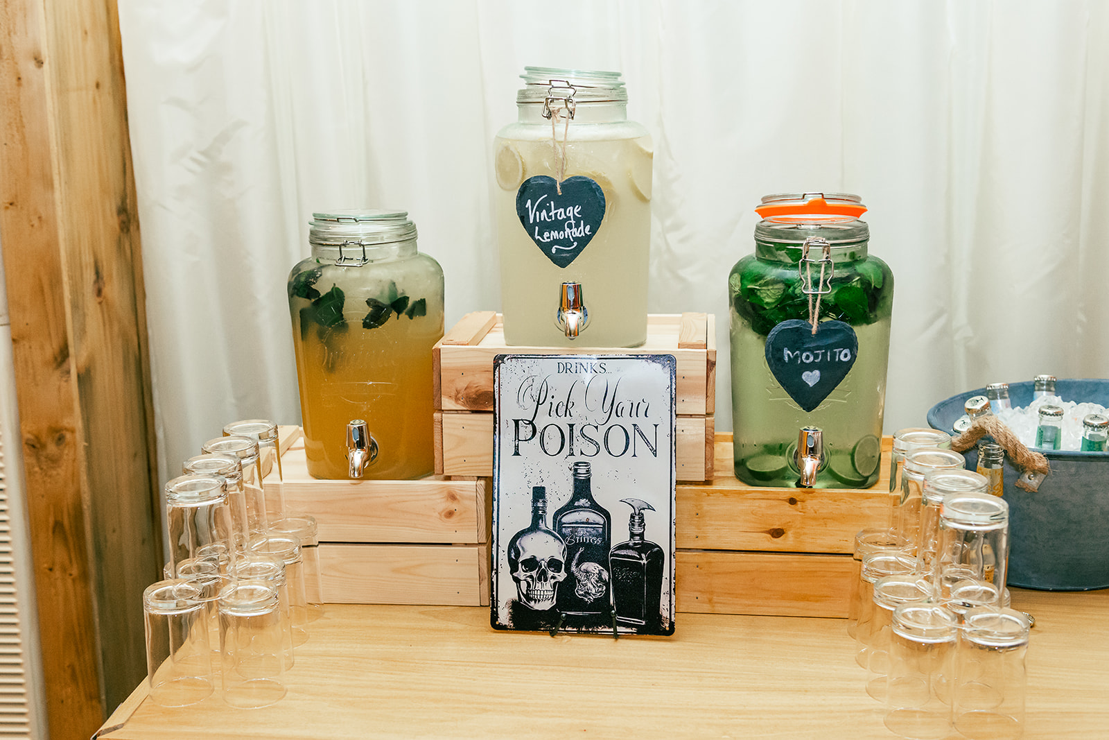 detail shot of 'pick your poison' drink station as part of alternative Halloween wedding