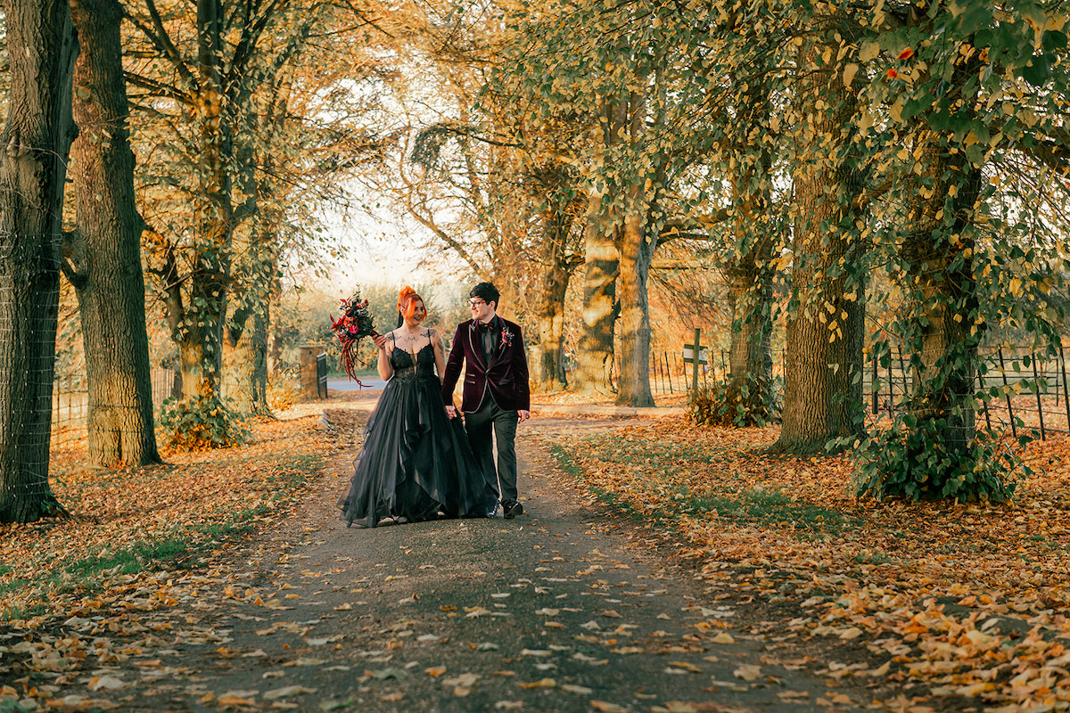 Wedding couple portrait of the Newly wed couple walking between autumnal trees with orange and yellow leaves on the floor