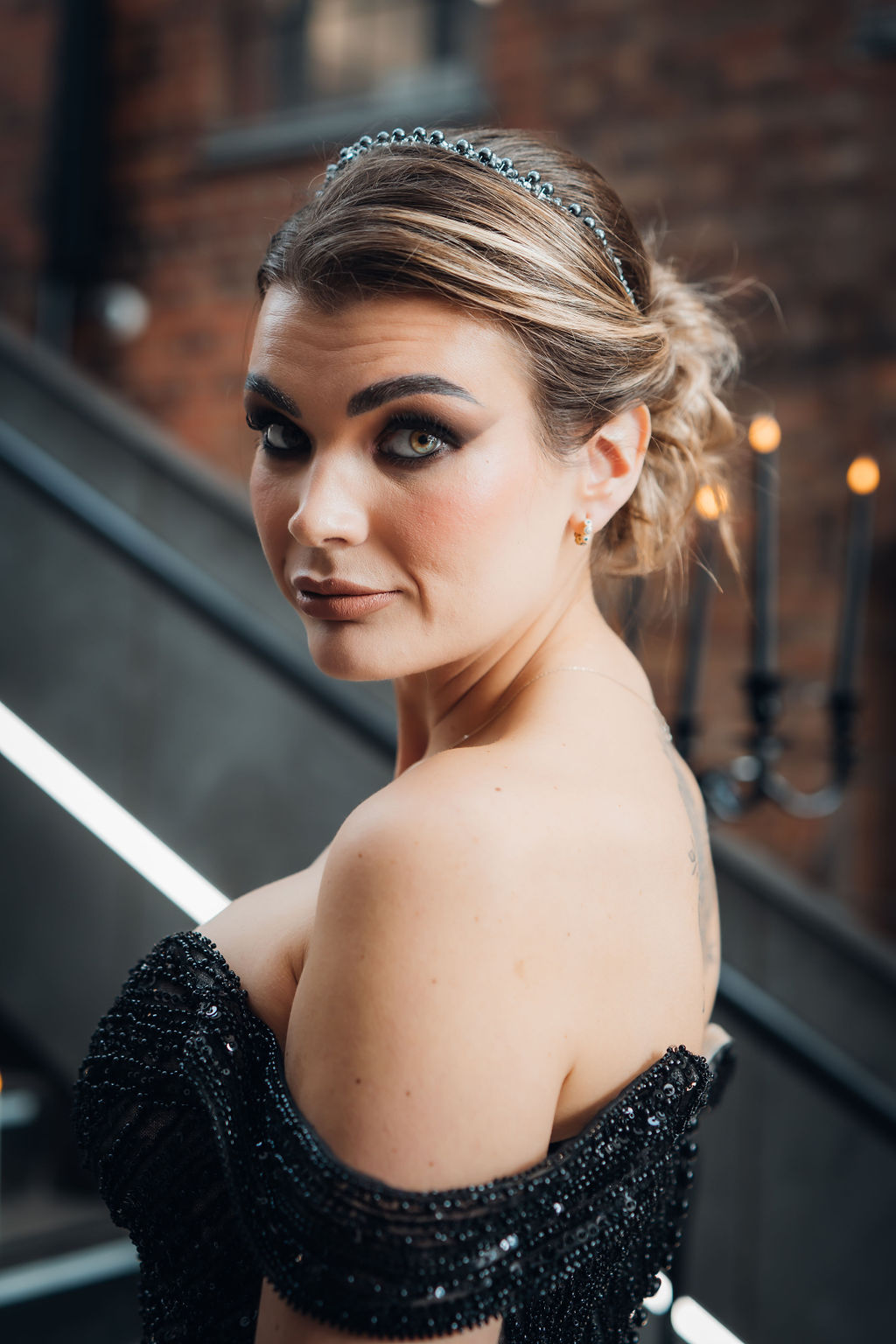 close up of gothic inspired bridal makeup look with smoky eyeshadow