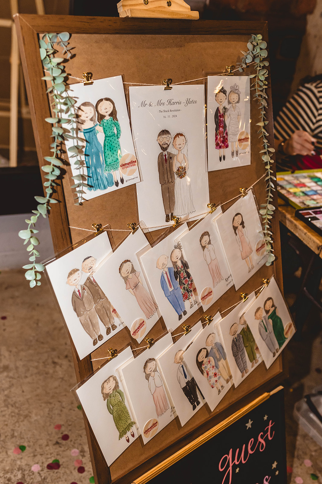 personalised wedding guest portraits created by on the day illustrator as part of wedding day entertainment