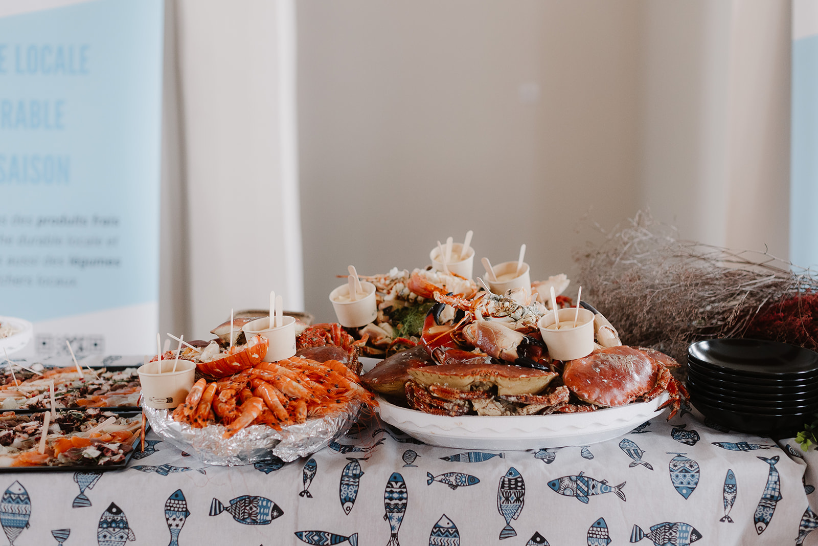detail shot of crab and prawn grazing platters as part of a french wedding breakfast