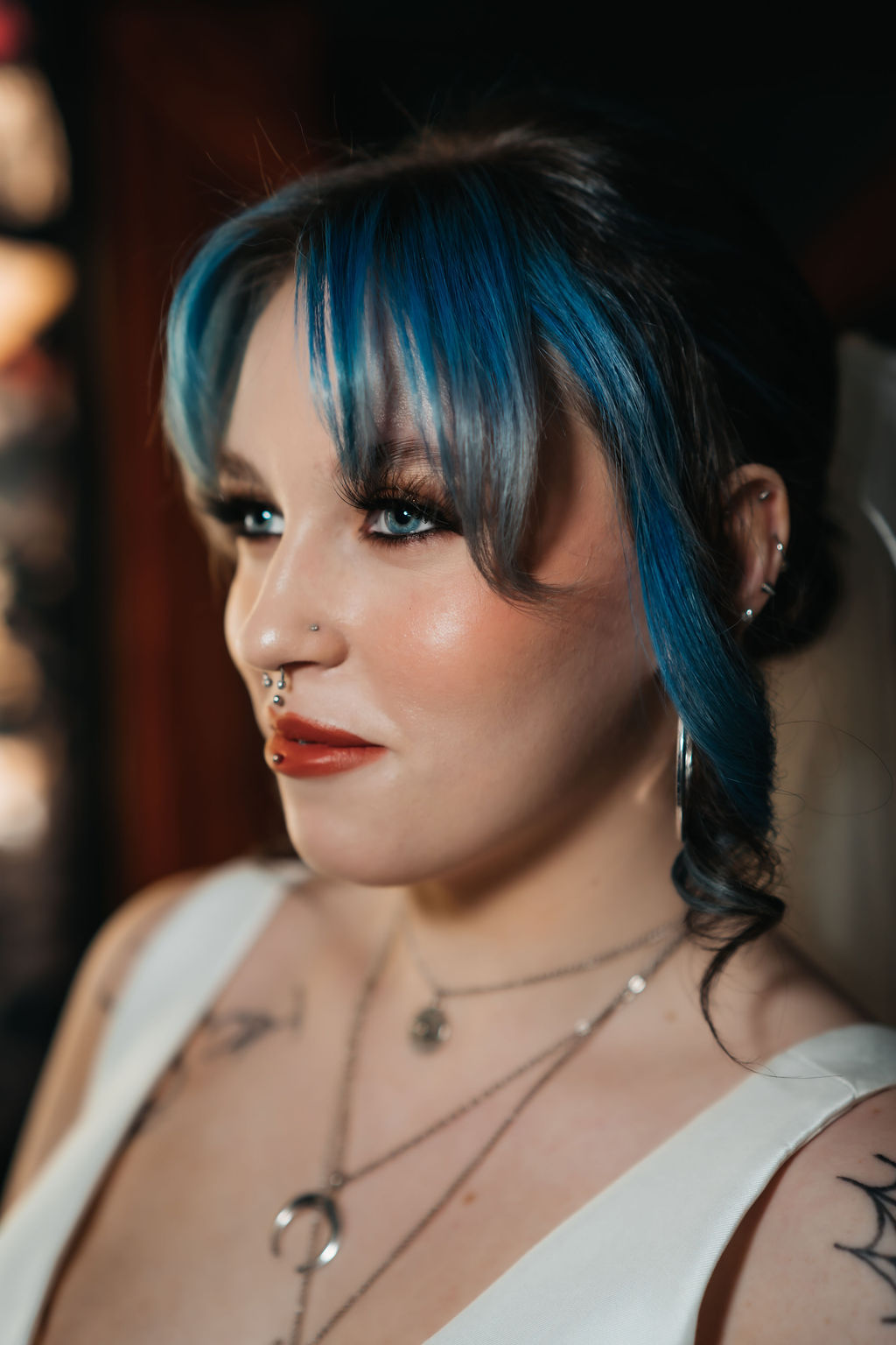 Detail shot of soft glam alternative bridal makeup