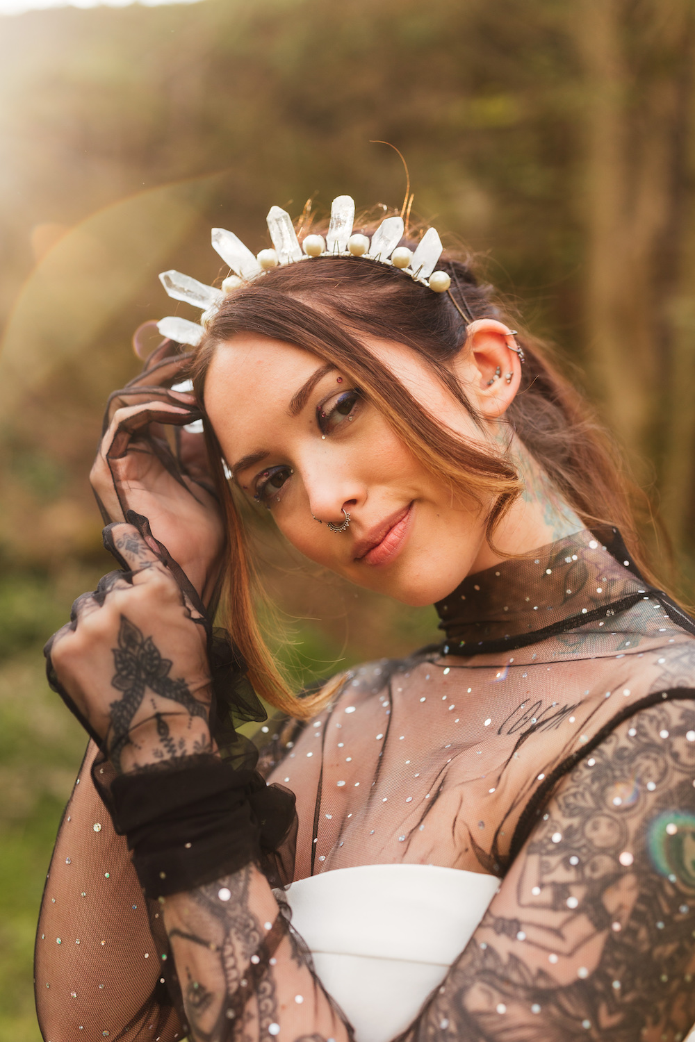 Edgy bride wearing quartz and pearl crown by The Lucky Sixpence