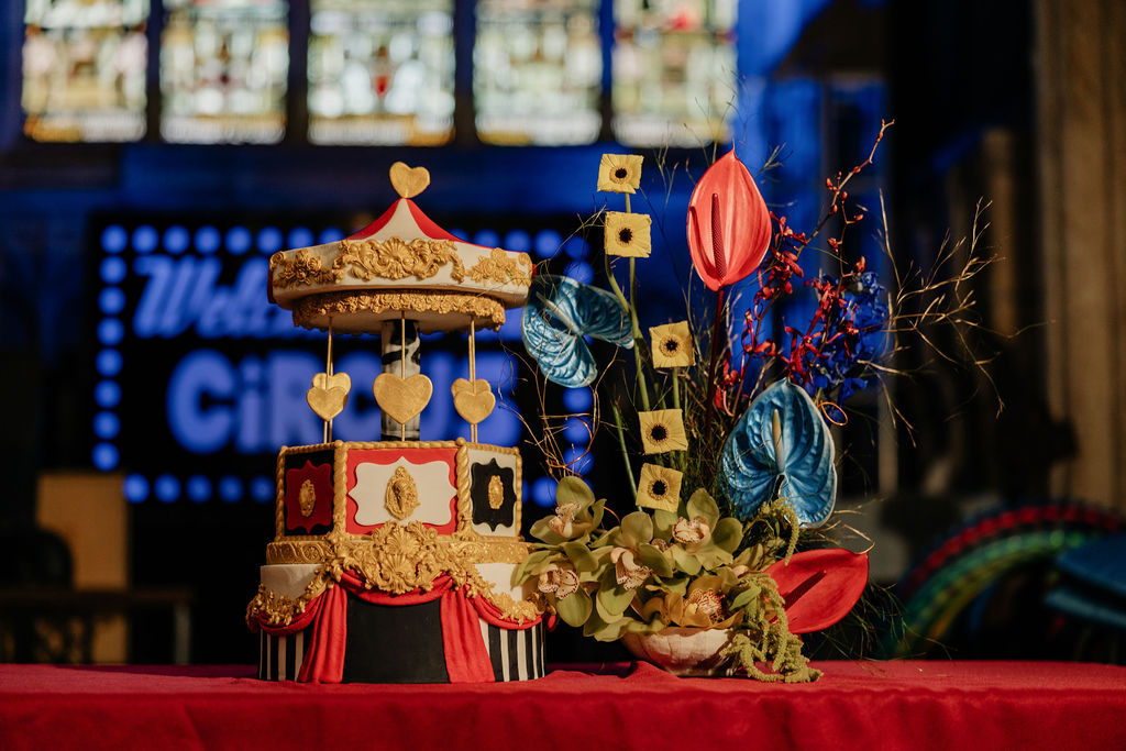 detail shot of fairground carousel style wedding cake