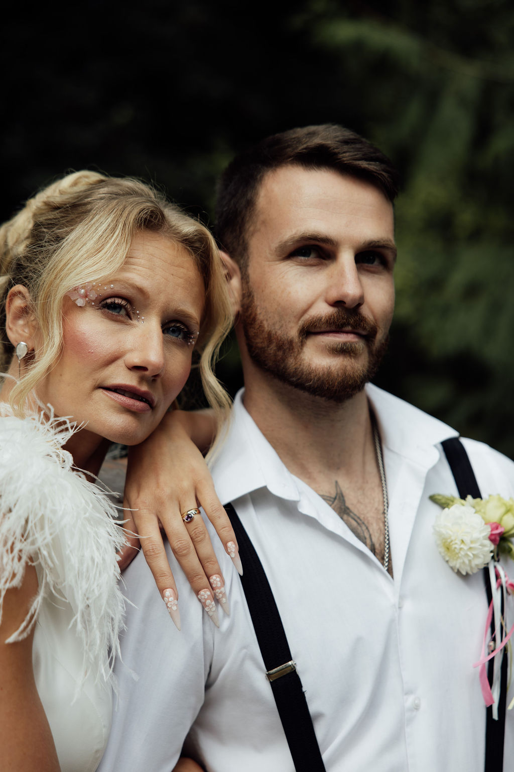 groom wearing open shirt and braces