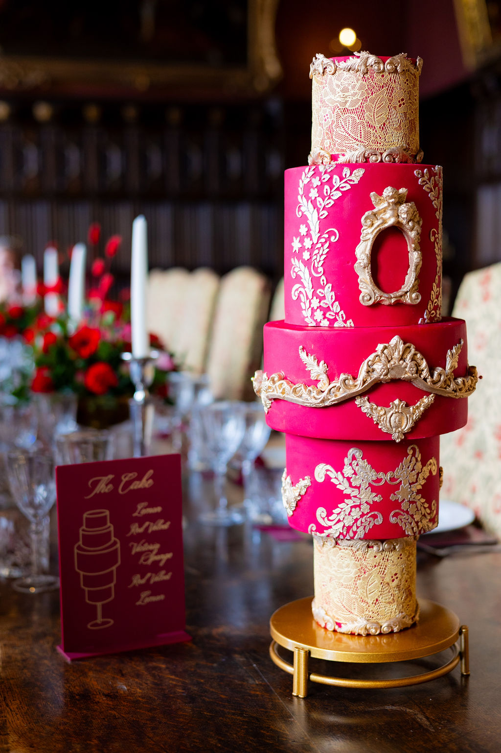 alternative red and gold 5 tiered wedding cake
