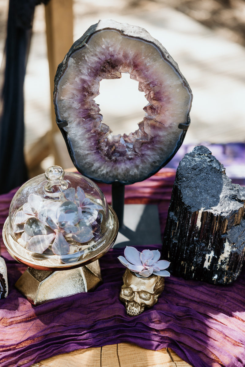 amethyst and black tourmaline table decor for wedding involving crystals