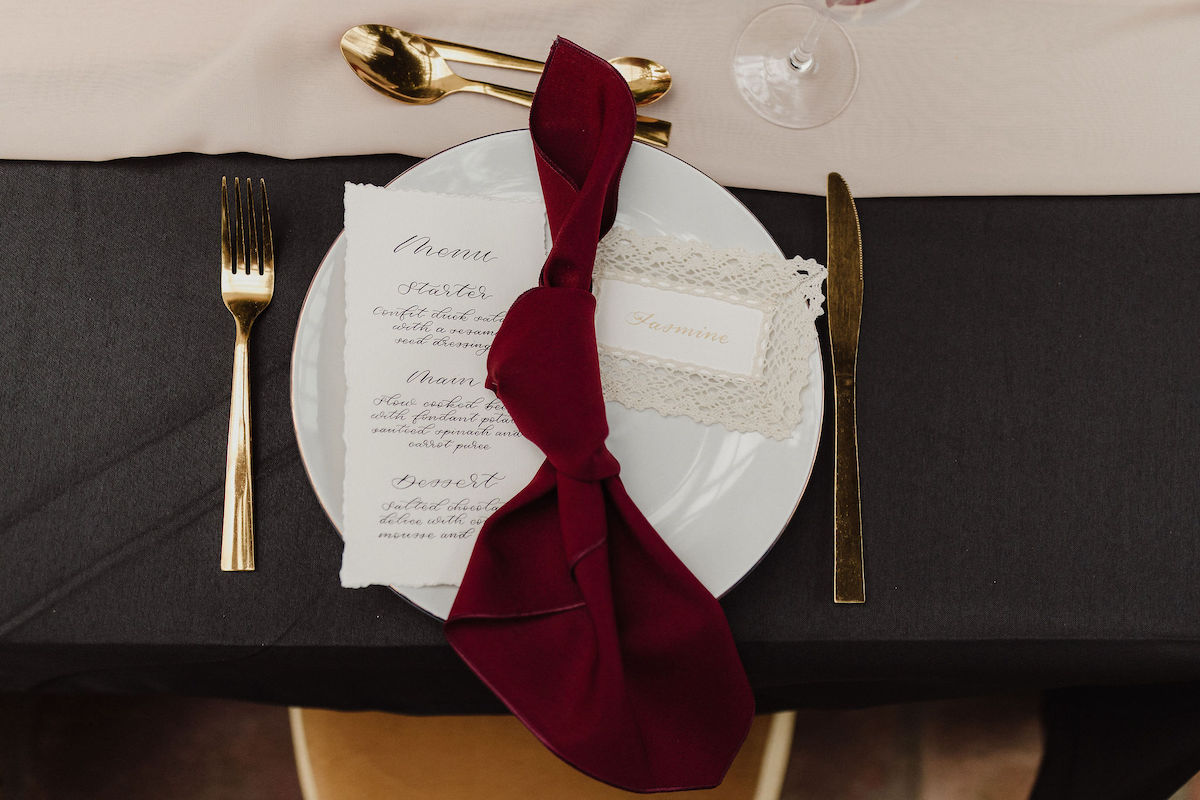 wedding breakfast places setting with hand written menu and place setting card