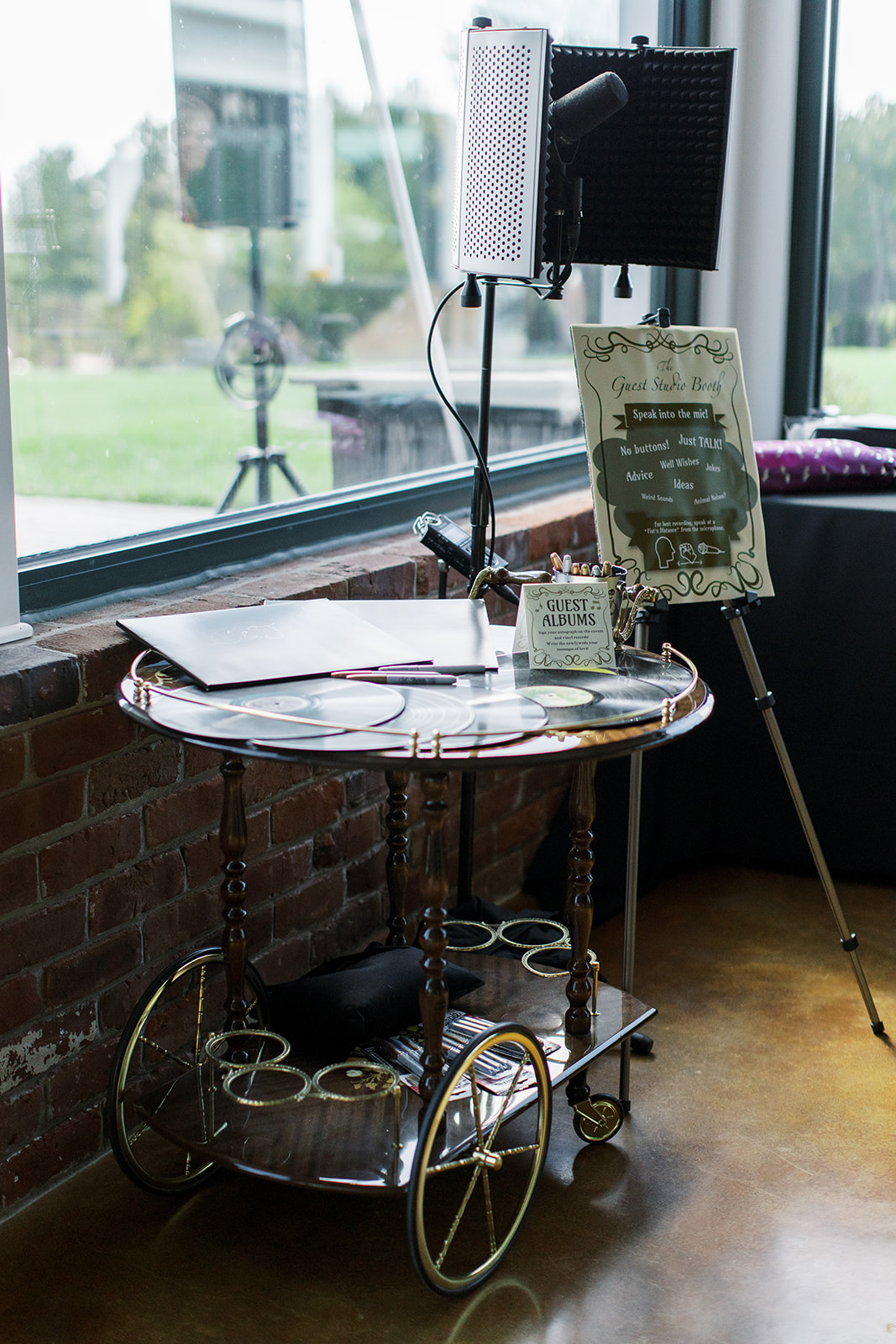 hostess trolly with vinyl record guest book and audio guest book