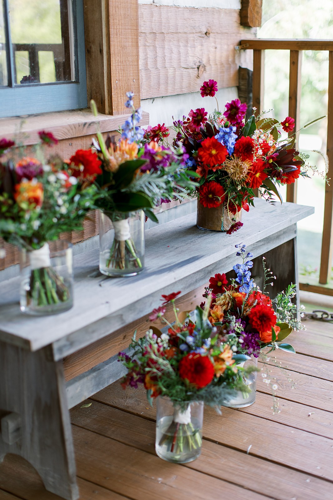 vases of wedding bouquets for the bridesmaids